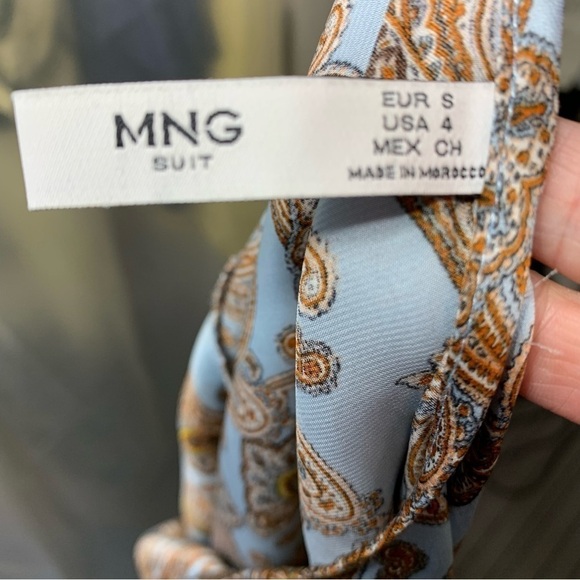 Mango Suit Blue Satin Shift Dress Paisley Print Short Sleeve Relax Pullover Sz 4 - Picture 11 of 14